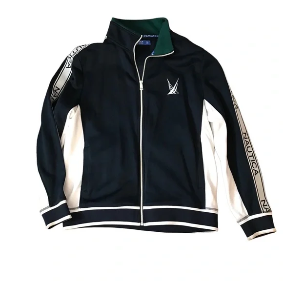 Mens Nautica jacket LG full zip Blue Sail logo sleeves cotton navy blue white - Picture 1 of 5